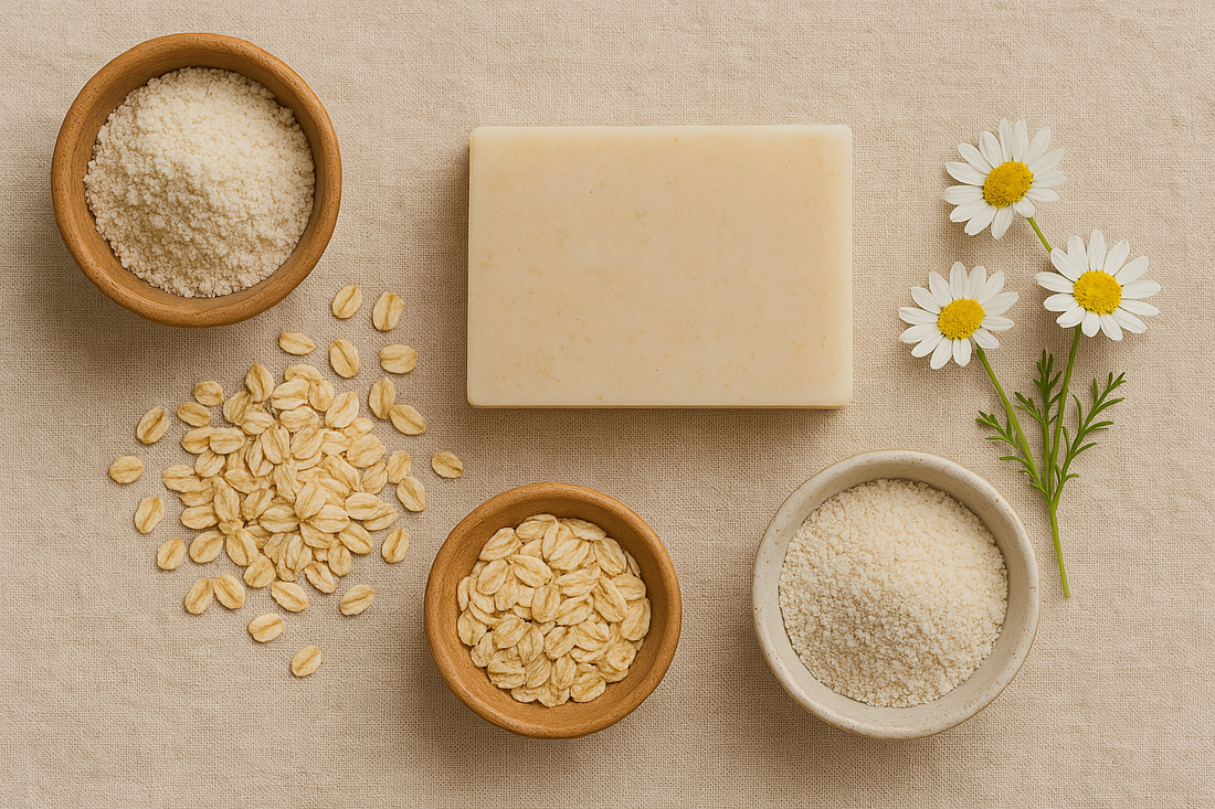 A bar of colloidal oatmeal soap sitting next to oats and bowls of ground oats.