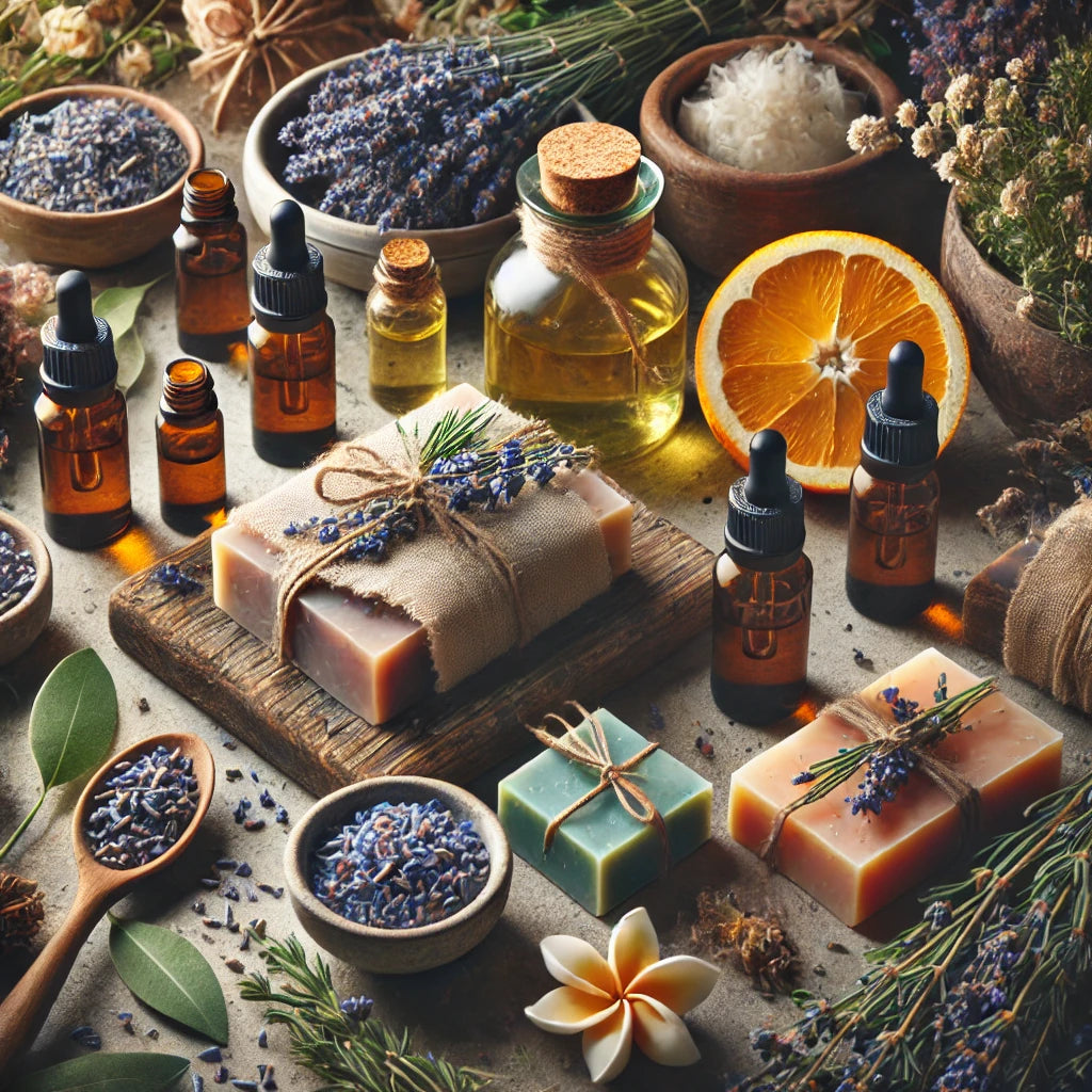 A bar of handmade soap surrounded by essential oils and plants.