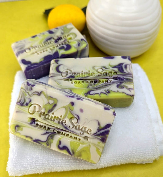 Huckleberry Lemon scented soap on a white towel
