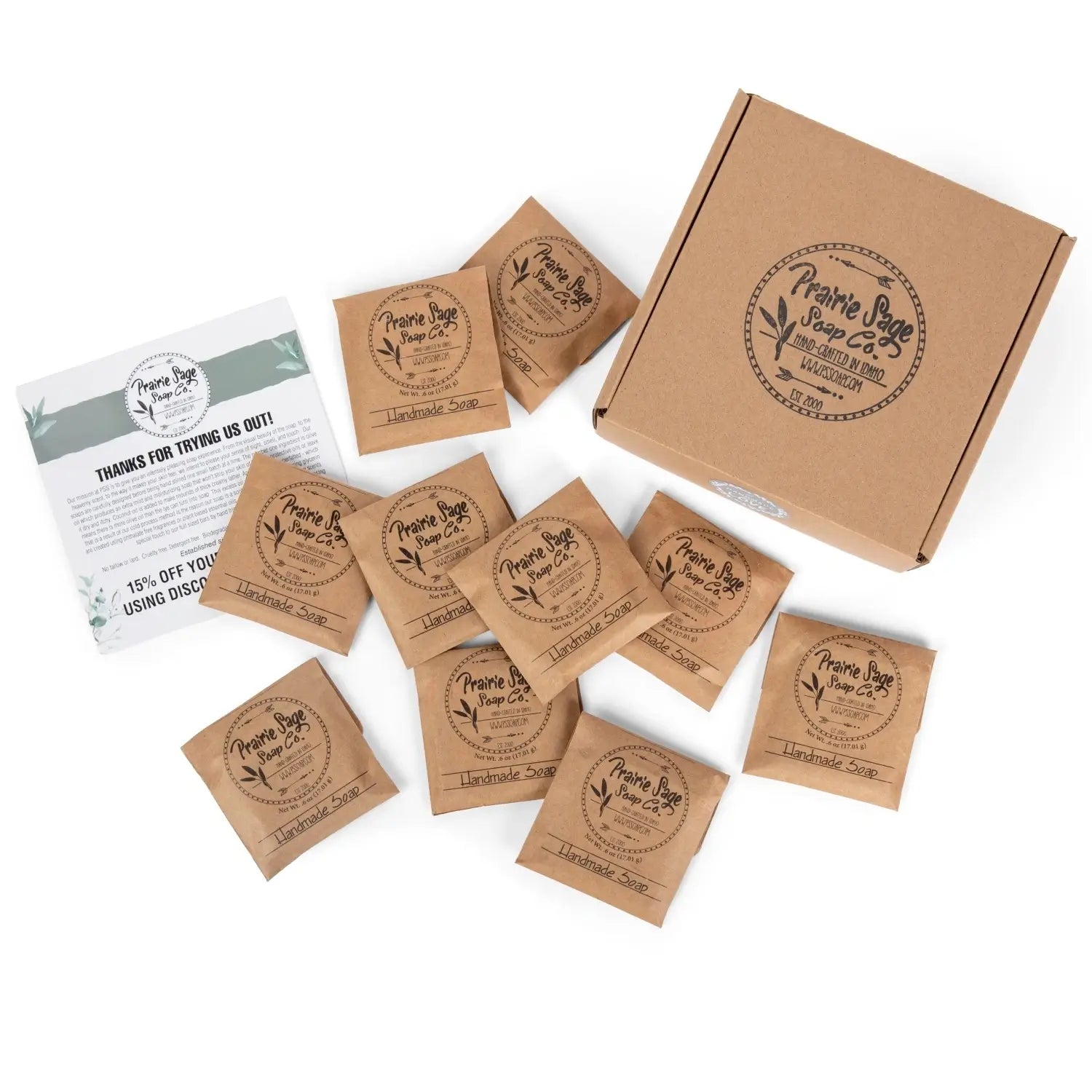 Collection of Prairie Sage Soap Co. samples and packaging on a white background