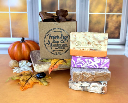 Cozy Days fall soap box with all four handmade soaps sitting in front of it.