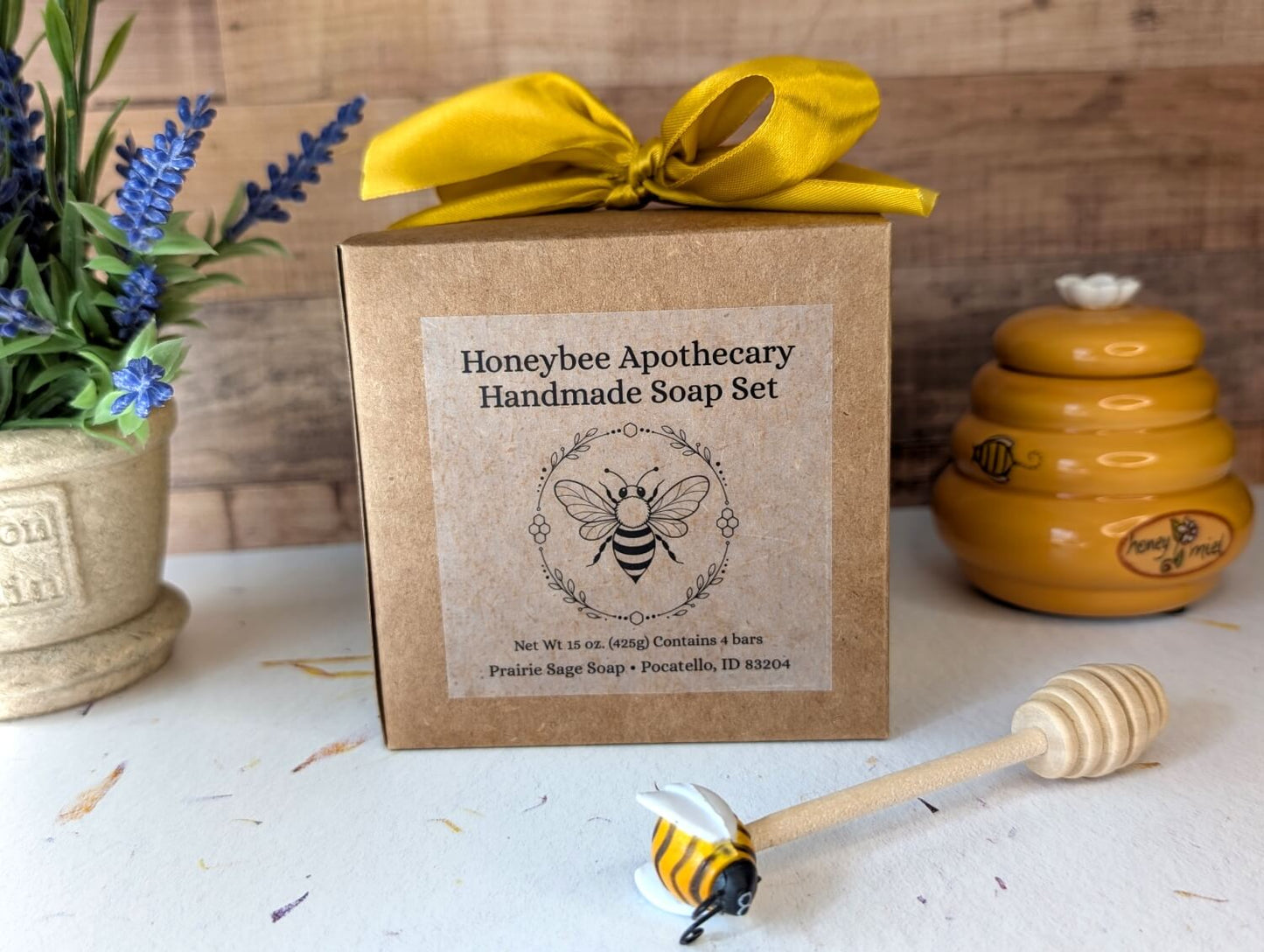 The back of the Honeybee Apothecary box collection on a table.