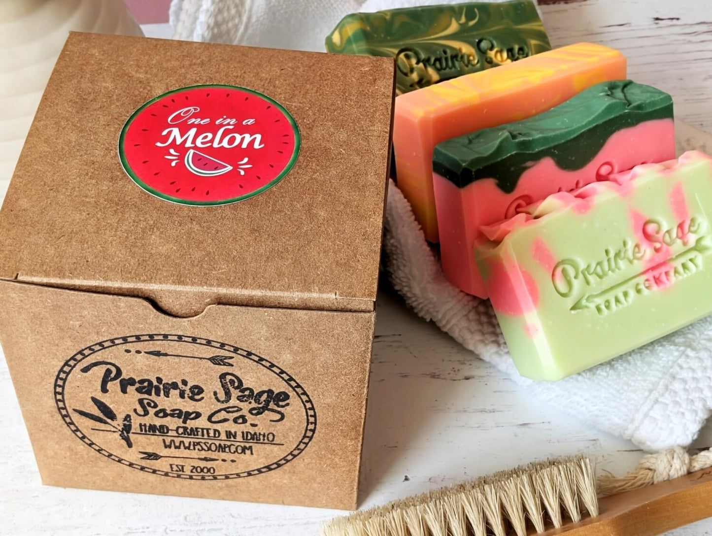 A close up image of the Melon Medley Box and the handmade soaps included in it.