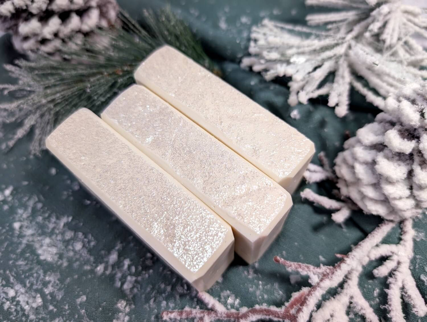Top of the White Winter bar of soap showing the glittery surface.